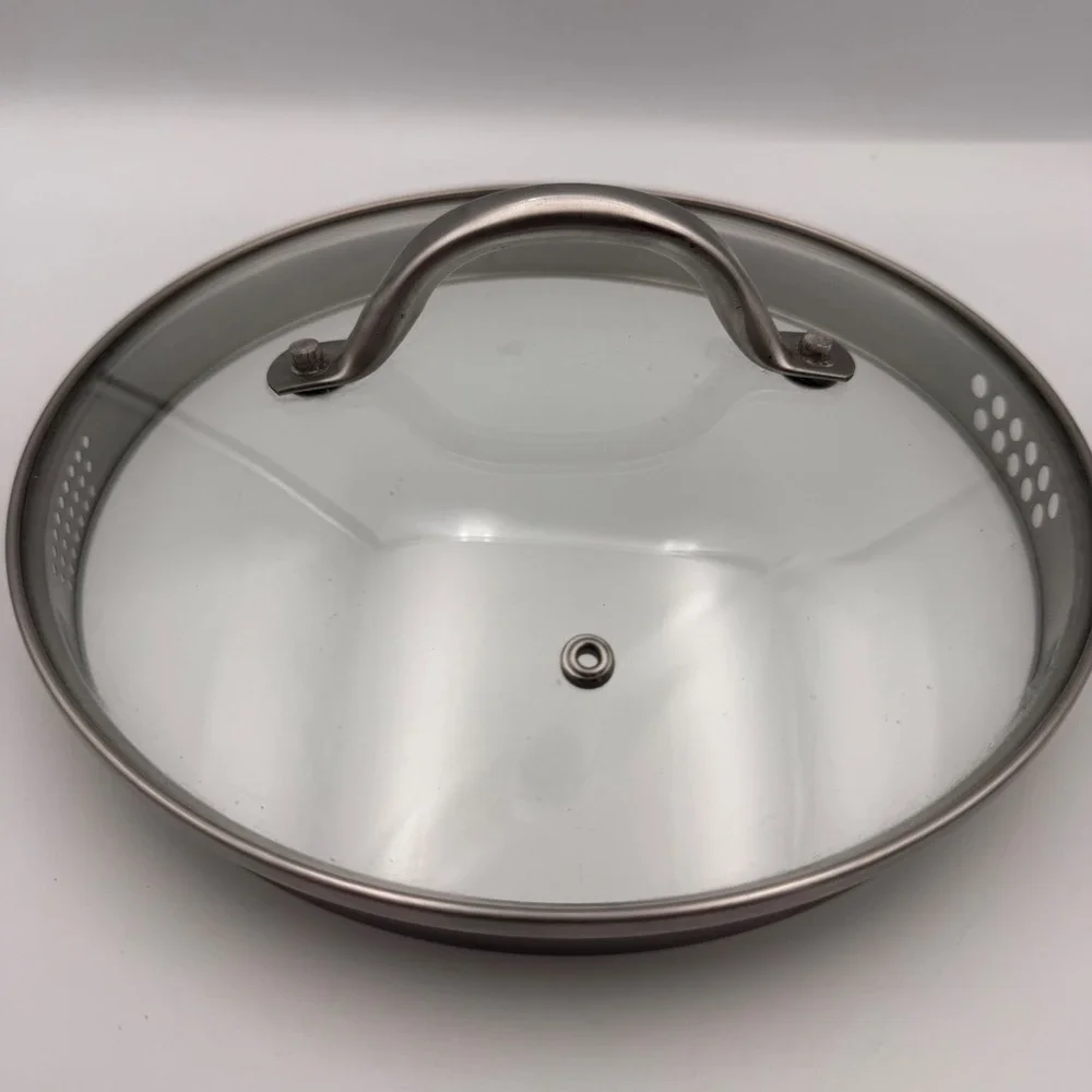 9.25 Inch Tempered Glass Lid with Stainless Steel Rim and Built-in Strainer Hole